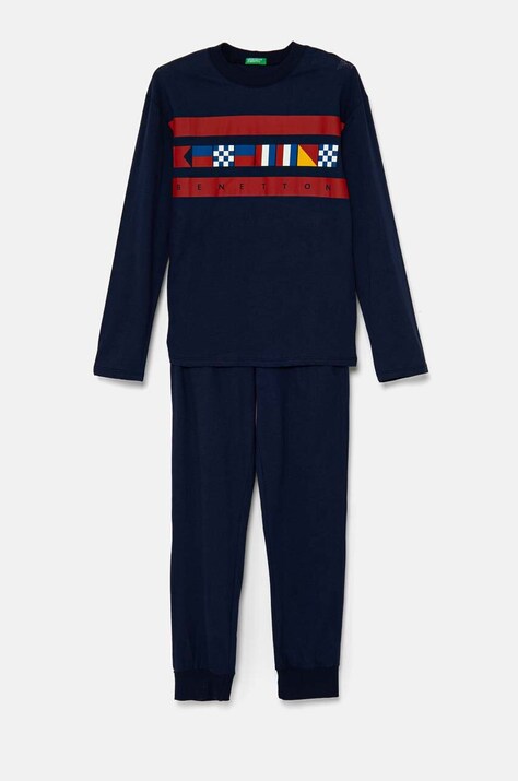 United Colors of Benetton pijamale de bumbac pentru copii culoarea albastru marin, cu imprimeu, 3VD00P07A