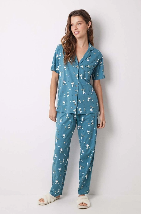 women'secret pijamale de bumbac Snoopy culoarea verde, bumbac, 3138567