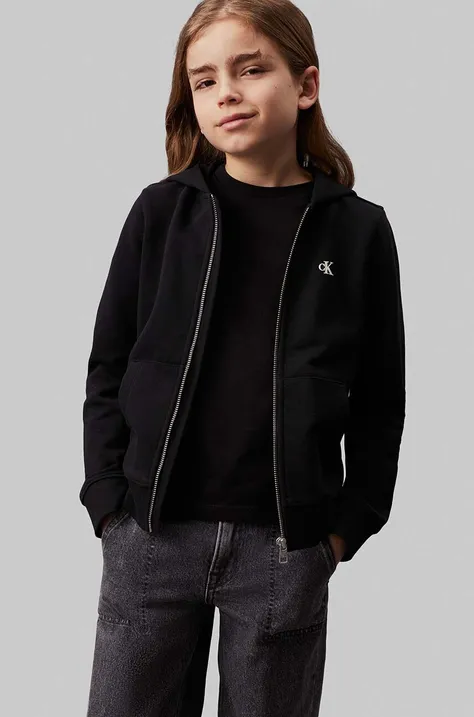Otroški bombažen pulover Calvin Klein Jeans črna barva, s kapuco, IB0IB02131