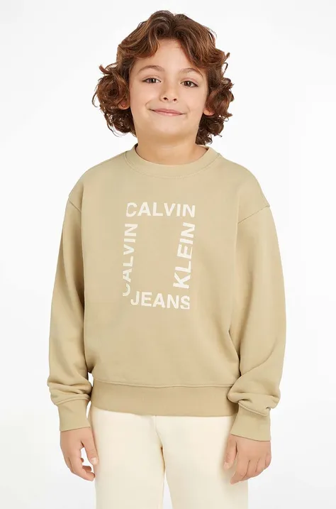 Детски памучен суичър Calvin Klein Jeans в бежово с принт IB0IB02133