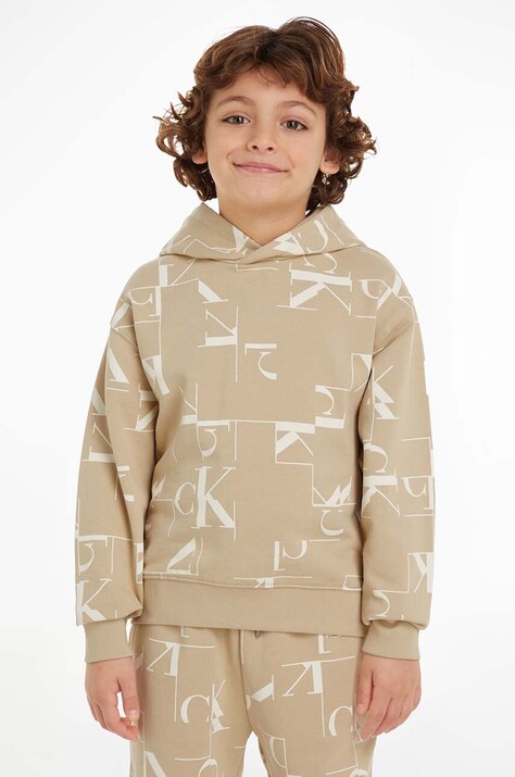 Детски суичър Calvin Klein Jeans в бежово с качулка с десен IB0IB02136