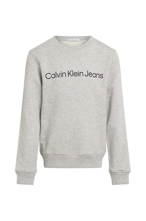 Otroški bombažen pulover Calvin Klein Jeans siva barva, IU0IU00581