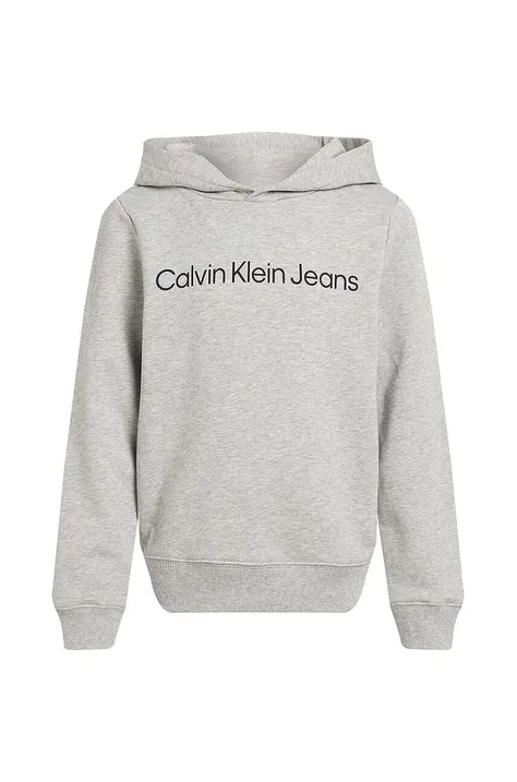Детски памучен суичър Calvin Klein Jeans в сиво с качулка с принт IU0IU00601