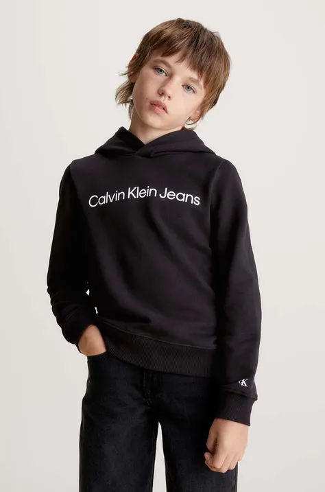 Detská bavlnená mikina Calvin Klein Jeans čierna farba, s kapucňou, s potlačou, IU0IU00601