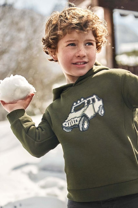 Детски суичър Mayoral в зелено с качулка с принт 4451