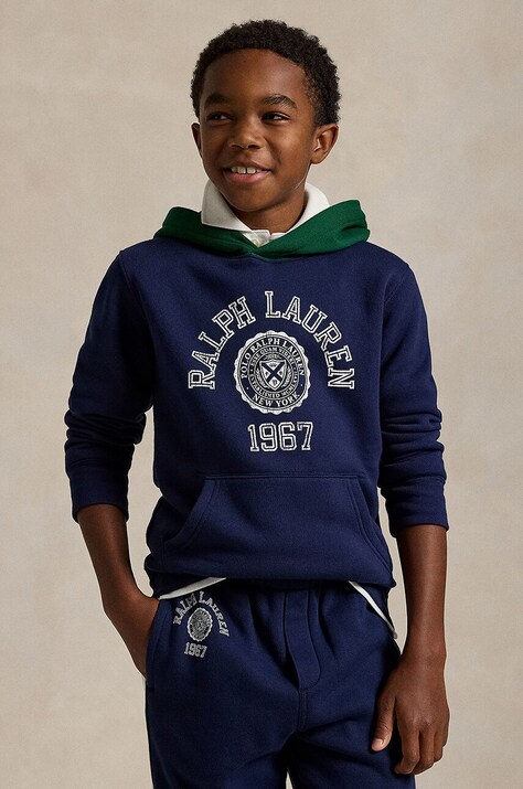 Detská mikina Polo Ralph Lauren tmavomodrá farba, s kapucňou, s potlačou, 323952489001