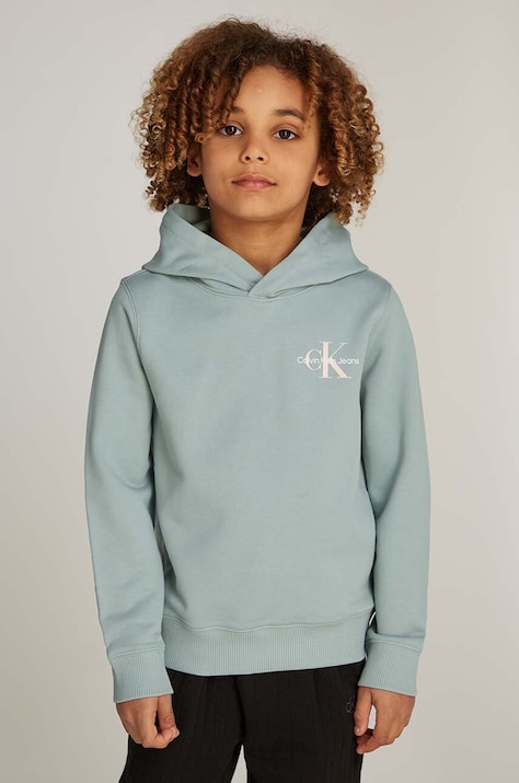Дитяча бавовняна кофта Calvin Klein Jeans колір зелений з капюшоном з принтом IU0IU00266