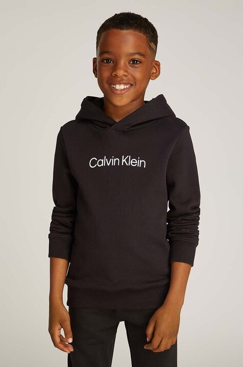 Calvin Klein Jeans hanorac de bumbac pentru copii culoarea negru, cu glugă, cu imprimeu, IU0IU00679