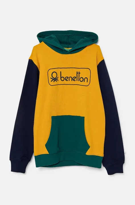 Otroški bombažen pulover United Colors of Benetton rumena barva, s kapuco, 3J68C203N