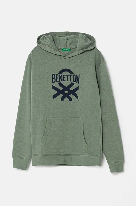 Otroški bombažen pulover United Colors of Benetton zelena barva, s kapuco, 3J68C203N