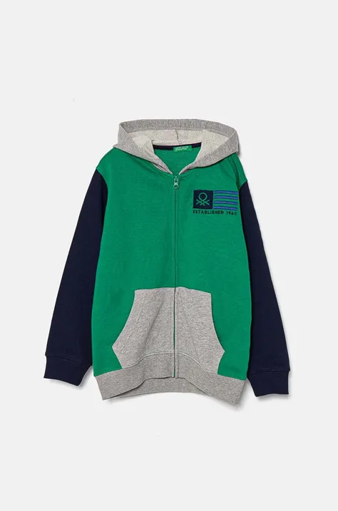 Otroški bombažen pulover United Colors of Benetton zelena barva, s kapuco, 3J68C503X