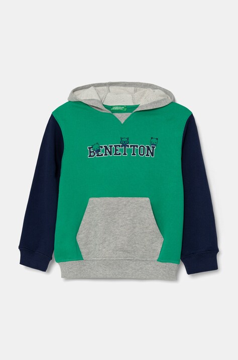Детски памучен суичър United Colors of Benetton в зелено с качулка с принт 3J68G200Q