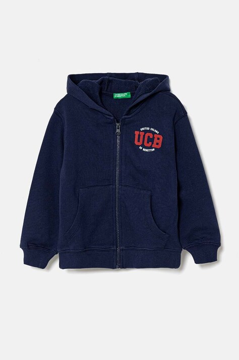 Детски памучен суичър United Colors of Benetton в тъмносиньо с качулка с десен 3J68G5034