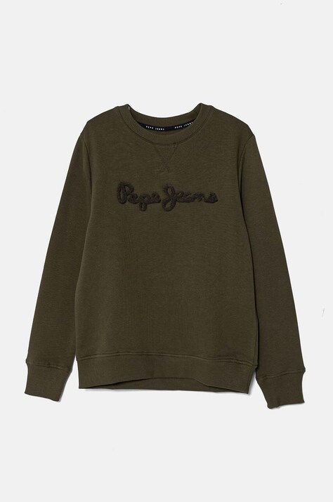 Детски памучен суичър Pepe Jeans NEW LAMONTY CREW в зелено с апликация PB581613