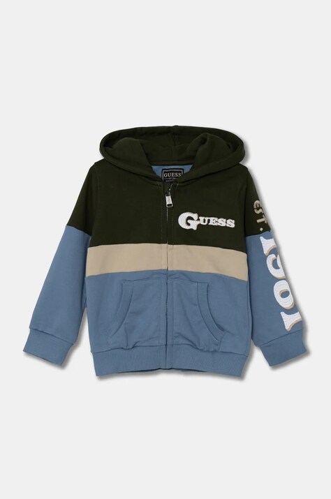 Дитяча бавовняна кофта Guess колір зелений з капюшоном з аплікацією N4BQ02 KAD73