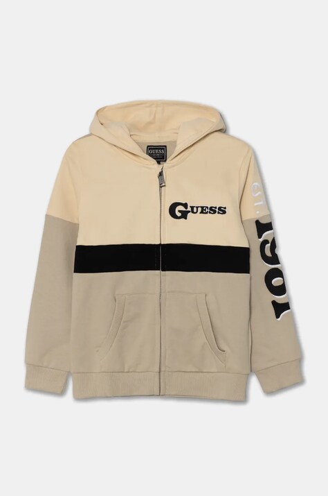 Дитяча бавовняна кофта Guess колір бежевий з капюшоном з аплікацією N4BQ02 KAD73