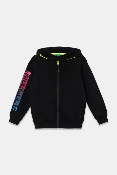 Detská mikina United Colors of Benetton čierna farba, s kapucňou, s potlačou, 3WFMC504K