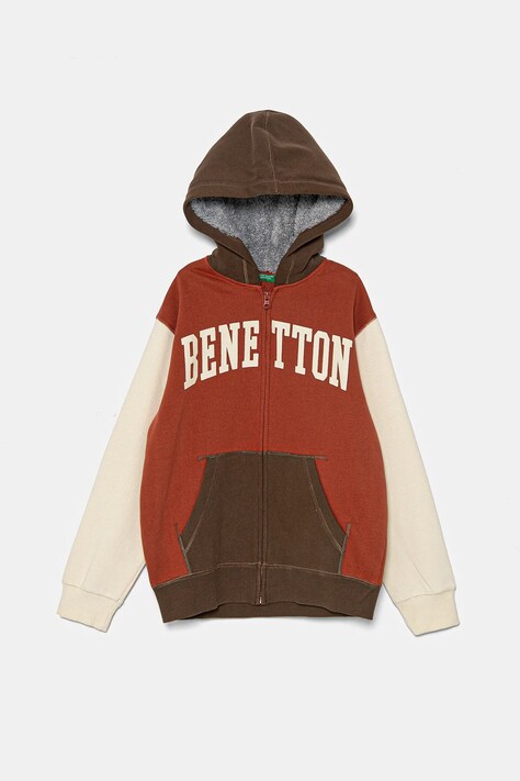 Dětská mikina United Colors of Benetton hnědá barva, s kapucí, s potiskem, 3EB5C504H