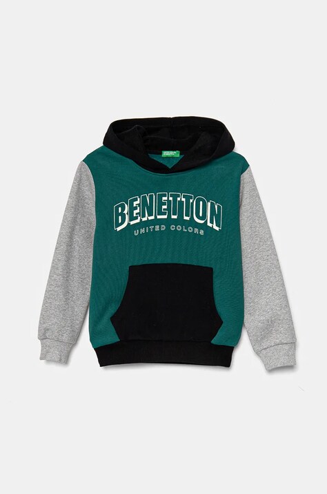 United Colors of Benetton bluza copii culoarea verde, cu glugă, modelator, 3EB5C203U