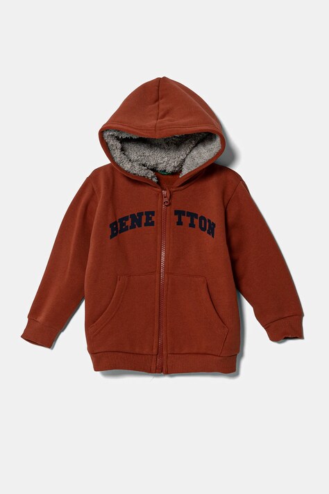 Dětská mikina United Colors of Benetton oranžová barva, s kapucí, vzorovaná, 3EB5G503E