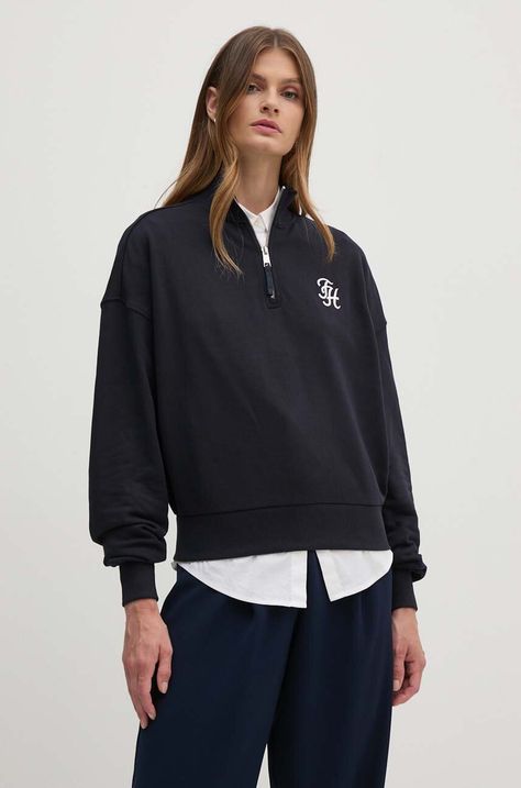 Βαμβακερή μπλούζα Tommy Hilfiger γυναικεία, χρώμα: ναυτικό μπλε, WW0WW43337