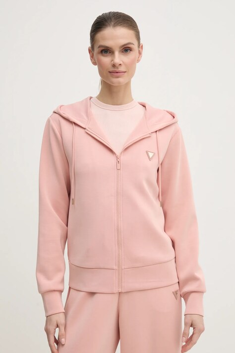 Mikina Guess OLYMPE dámská, růžová barva, s kapucí, hladká, V4YQ06 KCAY2