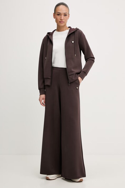 Guess bluza OLYMPE damska kolor brązowy z kapturem gładka V4YQ06 KCAY2