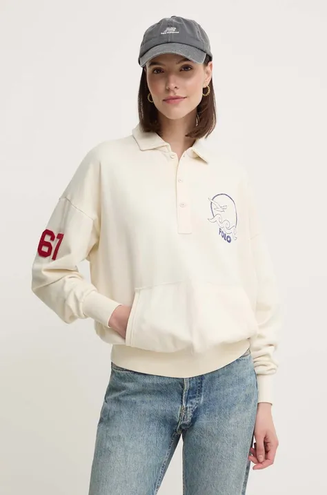 Βαμβακερή μπλούζα Polo Ralph Lauren γυναικεία, χρώμα: μπεζ, 211935621