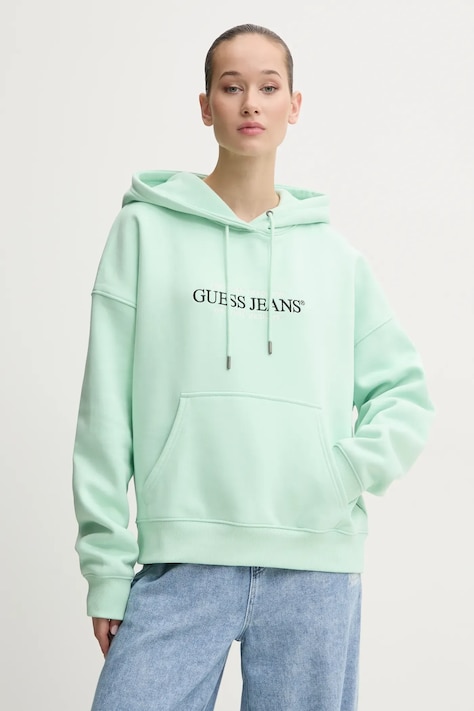 Кофта Guess Jeans цвет зелёный с капюшоном с аппликацией W4YQ15 KC811