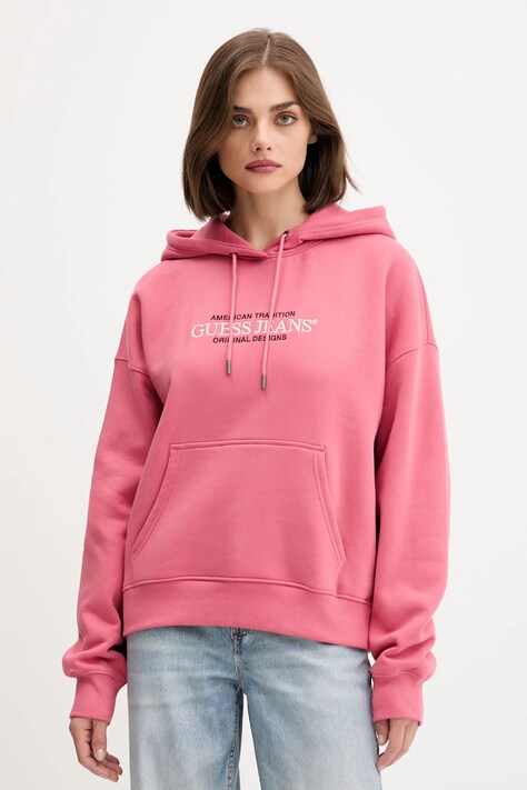 Кофта Guess Jeans колір білий з капюшоном з аплікацією W4YQ15 KC811