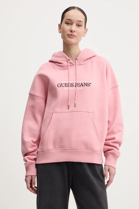 Guess Jeans bluză femei, culoarea alb, cu glugă, cu imprimeu, W4YQ15 KC811