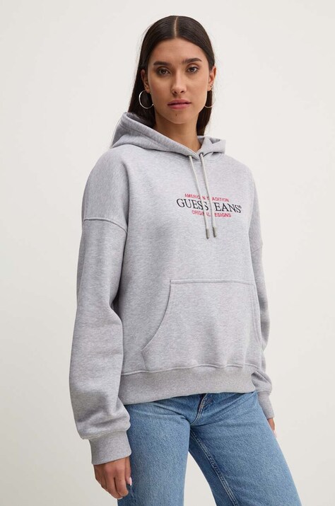 Guess Jeans bluza femei, culoarea gri, cu glugă, cu imprimeu, W4YQ15 KC811