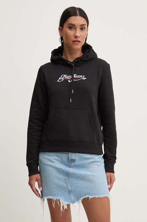 Guess Jeans bluza femei, culoarea negru, cu glugă, cu imprimeu, W4YQ12 KC811