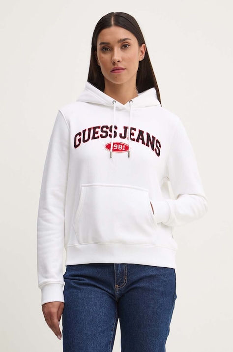 Guess Jeans bluza femei, culoarea alb, cu glugă, cu imprimeu, W4YQ09 KC811