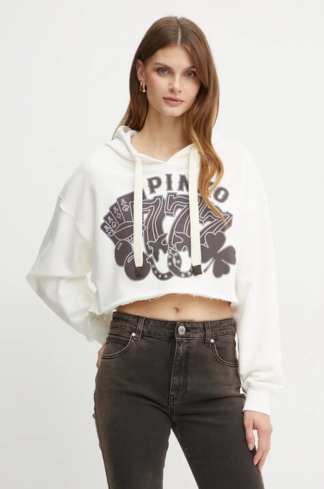 Pinko hanorac de bumbac femei, culoarea bej, cu glugă, cu imprimeu, 104112 A23X