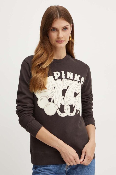 Pinko hanorac de bumbac femei, culoarea maro, cu imprimeu, 104111 A23X