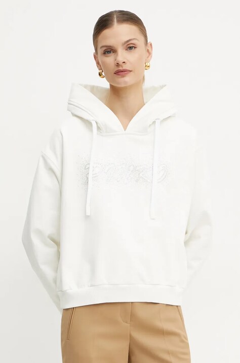 Pinko hanorac de bumbac femei, culoarea alb, cu glugă, cu imprimeu, 103980 A230