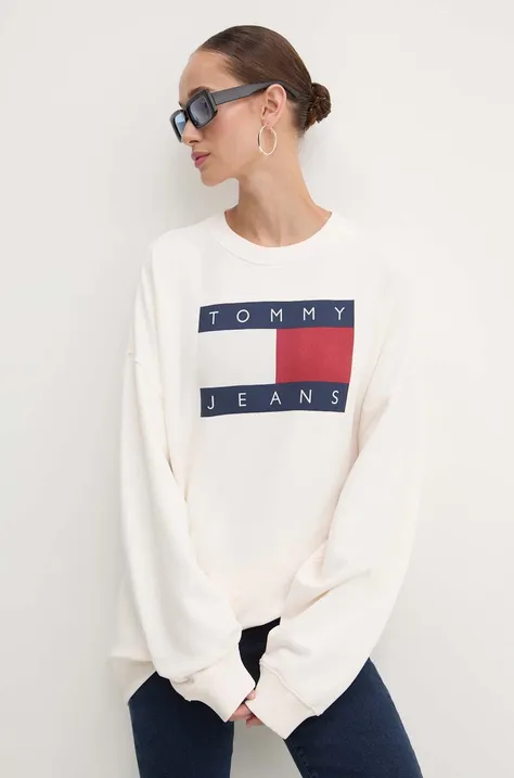 Хлопковая кофта Tommy Jeans женская цвет бежевый с принтом DW0DW18623