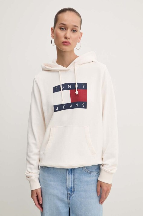 Tommy Jeans hanorac de bumbac femei, culoarea bej, cu glugă, cu imprimeu, DW0DW18654