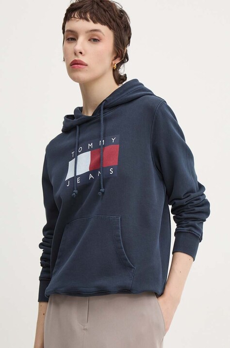 Хлопковая кофта Tommy Jeans женская цвет синий с капюшоном с принтом DW0DW18654