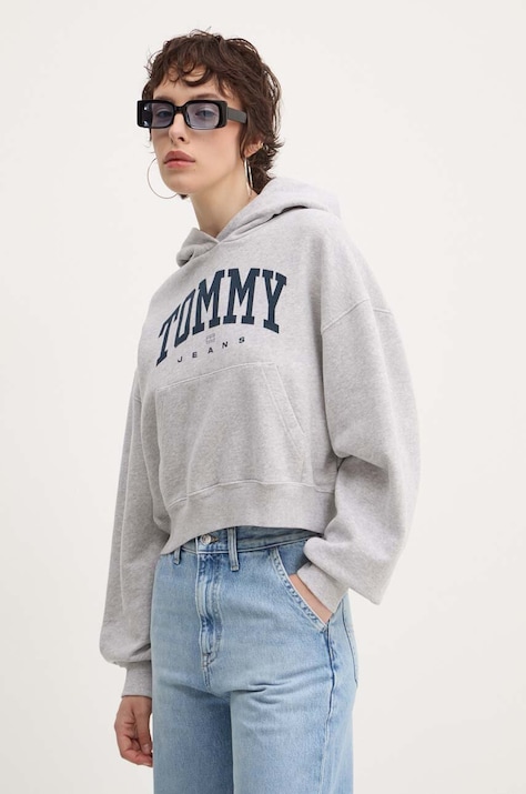 Tommy Jeans hanorac de bumbac femei, culoarea gri, cu glugă, cu imprimeu, DW0DW19291