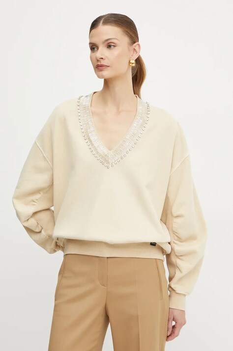 Pinko hanorac de bumbac femei, culoarea bej, cu imprimeu, 104458 A297