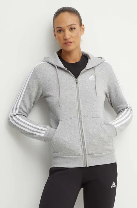 Mikina adidas Essentials dámska, šedá farba, s kapucňou, s nášivkou, IM0236
