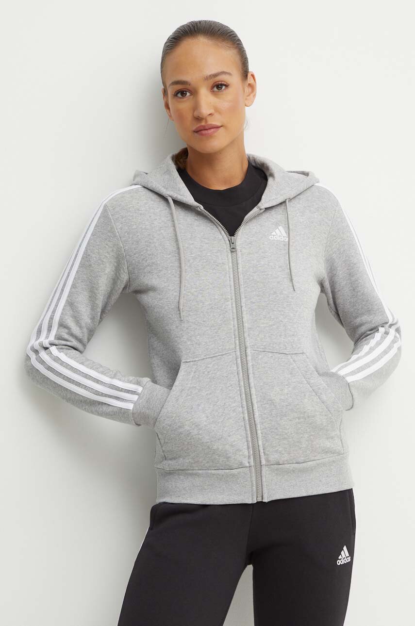 Pulover adidas Essentials ženski, siva barva, s kapuco, IM0236