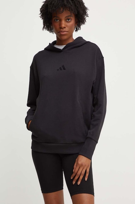 Bavlněná mikina adidas ALL SZN dámská, černá barva, s kapucí, hladká, IW1026