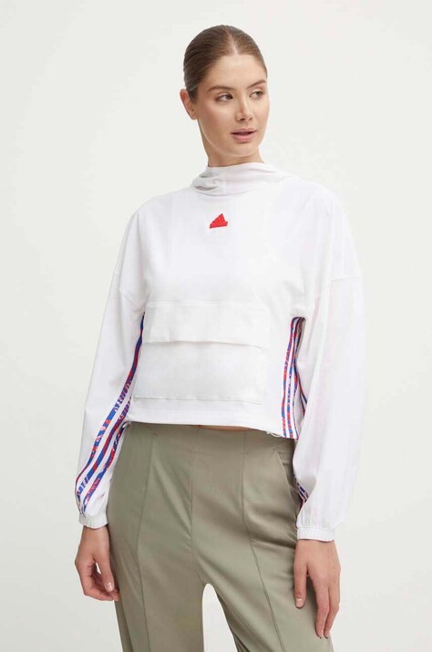 adidas bluza Express femei, culoarea bej, cu glugă, cu imprimeu, IW8634
