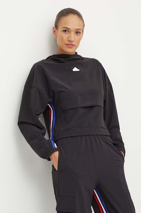 Mikina adidas Express dámska, čierna farba, s kapucňou, vzorovaná, IX3742