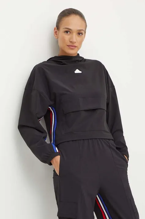 Dukserica adidas Express za žene, boja: crna, s kapuljačom, s uzorkom, IX3742