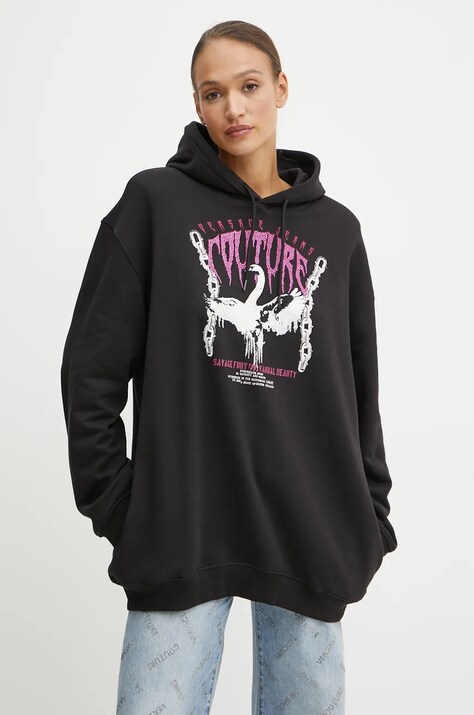 Bavlněná mikina Versace Jeans Couture dámská, černá barva, s kapucí, s aplikací, 77HAIG01 CF01G