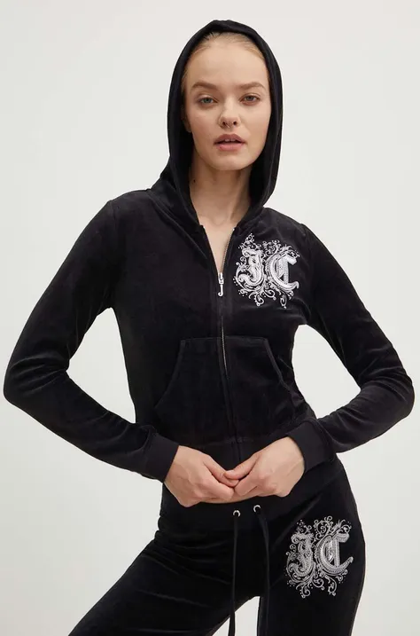 Велюрова кофта Juicy Couture RENAISSANCE ROBYN HOODIE колір чорний з капюшоном з аплікацією JCGAS224001